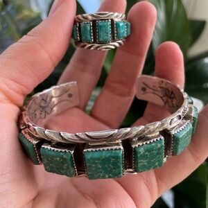 Vintage Navajo Sterling Silver Green Turquoise Cuff Bracelet & Ring Set